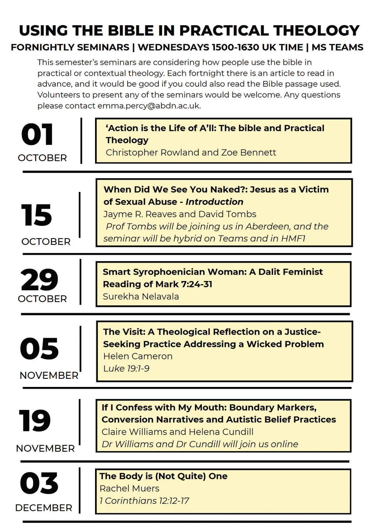 PT seminar schedule for fall term 2025